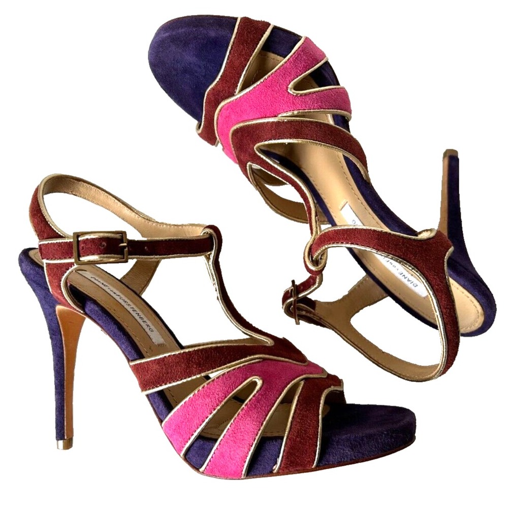 Diane von Furstenberg DVF Purple Retro Suede Colorblock T Strap Heels 7.5 EUC